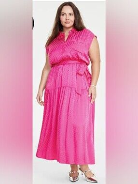 💖 Polkadot Elastic Waist Tonal Jacquard Cap-Sleeve Midi Dress